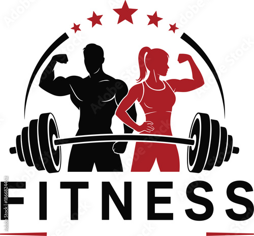 Gym fitness logo with a muscular man and woman posing with a dumbbell, representing strength and healthy lifestyle