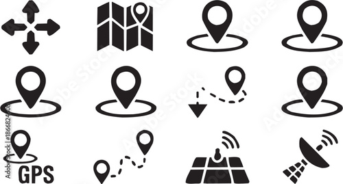 Map location vector icons. Glyph pictograms of pins, GPS, navigation symbols for travel app or city guide design