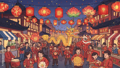 A vibrant illustration of a Chinese New Year celebration with a dragon dance in a crowded street