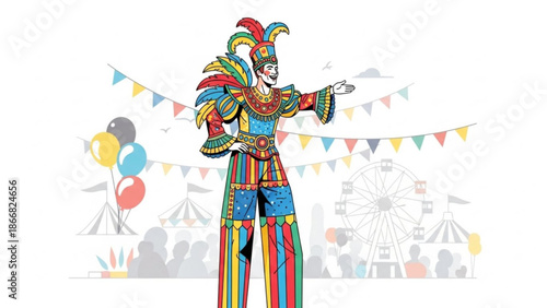 A colorful illustration of a jester in a carnival setting with balloons and a Ferris wheel
