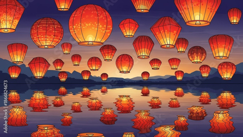 A serene vector illustration of glowing red lanterns floating above a peaceful body of water at dusk