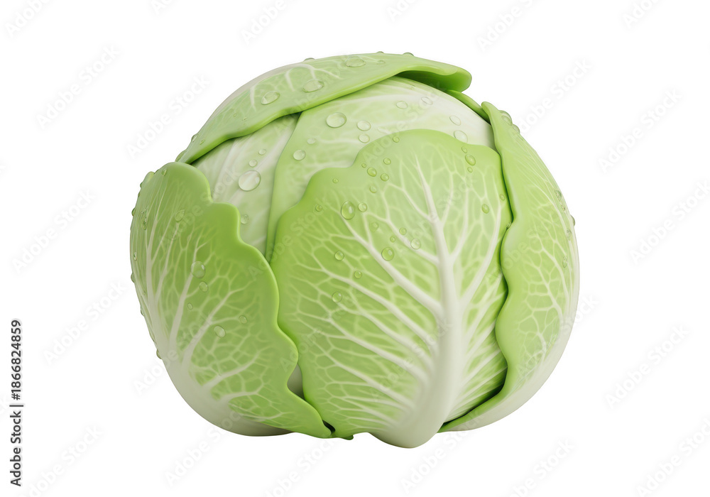 Fototapeta premium 3d icon of a fresh green cabbage with water droplets isolated on transparent background