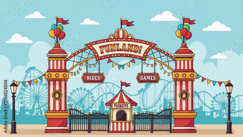 A colorful cartoon illustration of a funland amusement park entrance with rides and games