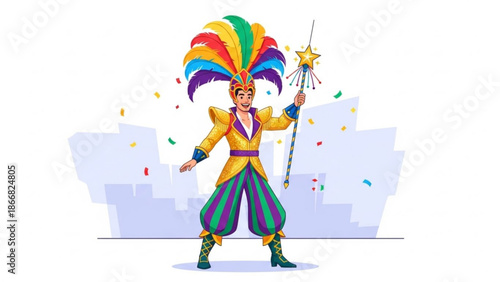 A colorful cartoon jester in a vibrant costume with a feathered hat and confetti