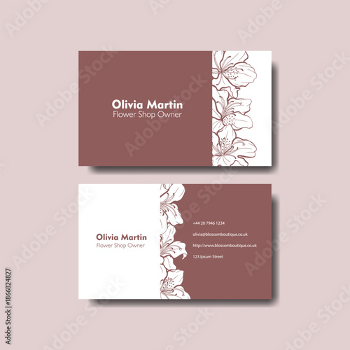 Minimalist floral business card with azalea flower ornament and redwood colors