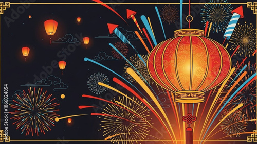 A vibrant vector illustration of a Chinese lantern surrounded by fireworks and festive elements