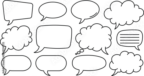 Collection of diverse black outline speech and thought bubbles on white background speech bubble