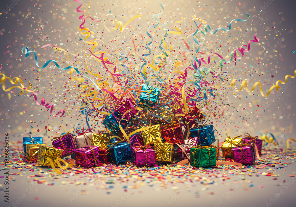 Fototapeta premium Colorful presents and confetti explosion