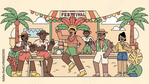 A vibrant illustration of people celebrating at a festival with palm trees and colorful decorations