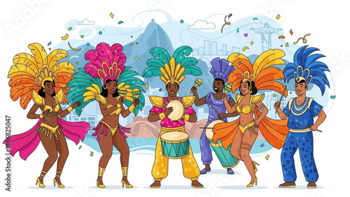 A vibrant vector illustration of people dancing in colorful costumes with feathers and confetti