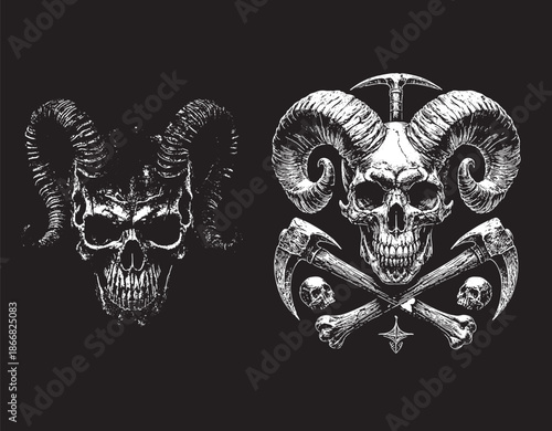 Detailed skulls with horns and crossbones on black background