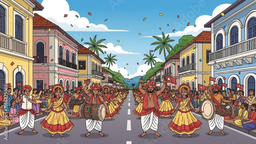 A vibrant illustration of a traditional Indian street festival with people dancing and playing music in a colorful urban setting.