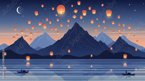 A serene vector illustration of glowing lanterns floating above a peaceful lake with majestic mountains in the background at dusk
