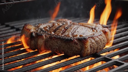 Sizzling steak grilling over open flames for delicious barbecue flavor, grilling perfection and mouth watering deliciousness, summer grilling