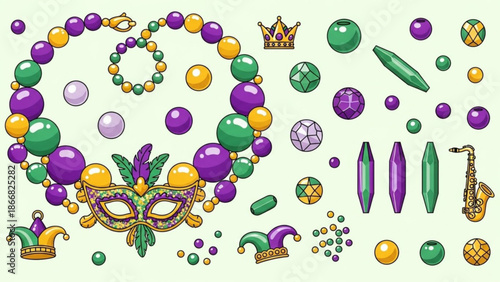 A colorful illustration of Mardi Gras beads, masks, and symbols on a pale green background