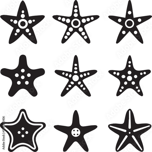 Starfish Silhouette Vector Set, Sea Star Black Silhouette Icons