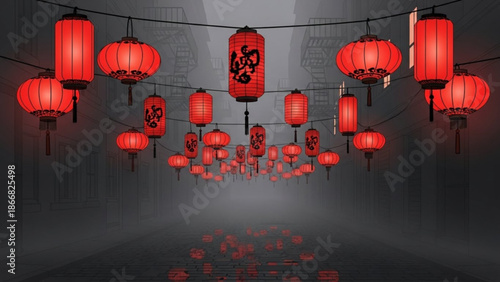 A vector graphic illustration of red Chinese lanterns hanging in a dark alleyway with a misty atmosphere