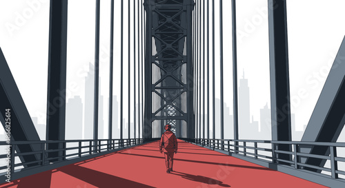 A lone individual in a vibrant red coat strides purposefully across a monumental bridge with a crimson pathway, approaching a distant urban skyline.