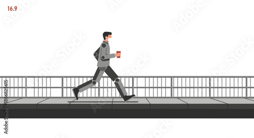 This minimalist graphic portrays a fit individual in professional attire, actively jogging outdoors while carrying a refreshing drink, symbolizing a healthy, active daily routine.