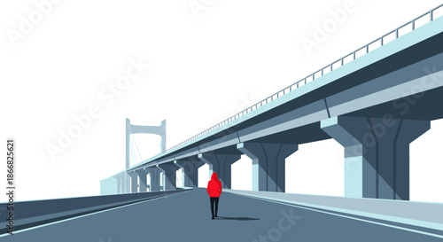 A lone figure in a vibrant red jacket walks along an empty urban road beneath a massive concrete elevated highway, emphasizing solitude and modern infrastructure.