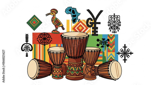 A vibrant illustration of African drums and cultural symbols on a colorful background