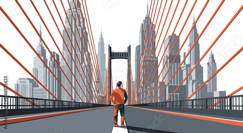 A solitary figure stands on a modern suspension bridge, gazing at a sprawling urban skyline with towering skyscrapers under a clear sky.