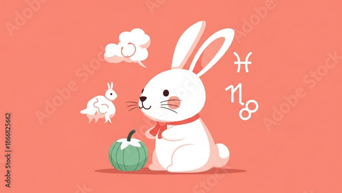 A cute cartoon rabbit sitting next to a green pumpkin with a smaller rabbit and zodiac symbols nearby