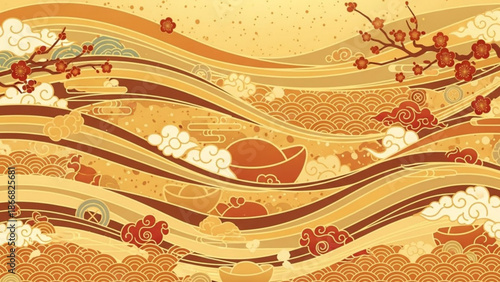 A vibrant and intricate vector graphic illustration of a stylized landscape with wavy lines, clouds, and cherry blossoms in shades of orange and brown.