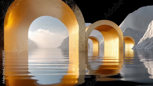 Golden arches standing on calm water with icebergs