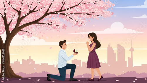 A romantic proposal scene under a blooming cherry blossom tree with a city skyline in the background