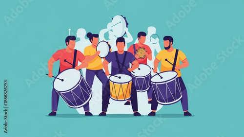 A vibrant illustration of a group of men playing drums in a lively performance