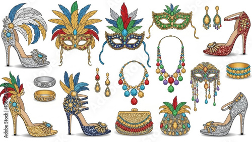 A colorful illustration of masquerade ball accessories including high heels, masks, jewelry, and a purse.