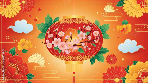 A vibrant vector graphic illustration of a Chinese lantern surrounded by colorful flowers and clouds