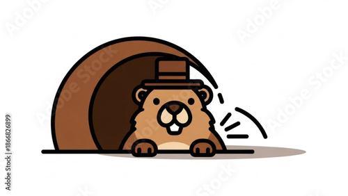 A cartoon groundhog wearing a top hat peeking out of its burrow in a playful vector illustration