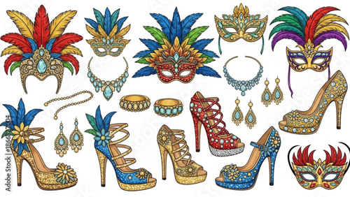 A colorful illustration of Mardi Gras masks, high heels, and jewelry on a white background