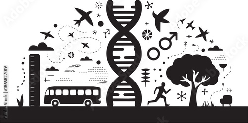 DNA technology vector illustration. Glyph pictograms of genetic strand with travel and tech symbols for science logo or educational design