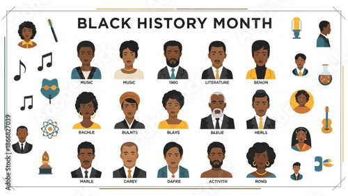 A vibrant vector graphic illustration celebrating Black History Month with diverse icons and notable figures