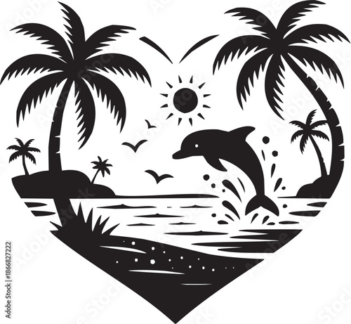 Dolphin tropical vector illustration. Glyph pictograms of dolphin jumping in ocean waves, palm tree, sun logo or tattoo design