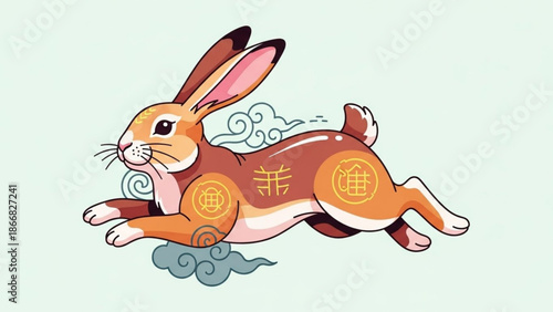 A cartoon rabbit with Chinese zodiac symbols and clouds in a vector graphic illustration