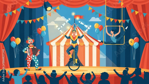 A colorful illustration of a circus performance with a clown, acrobat, and trapeze artist on stage