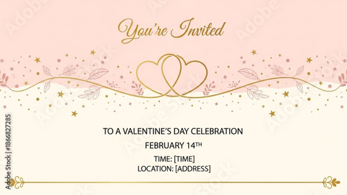A Valentine's Day celebration invitation card with a pink and gold design