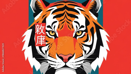 A vibrant vector illustration of a tiger's face with Asian-inspired design elements