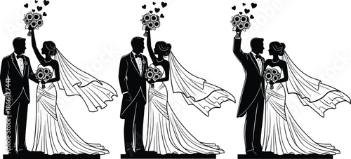 Wedding couple silhouette vector set, bride and groom, bouquet celebration, romantic pose, heart symbols, black illustration, marriage design, love concept