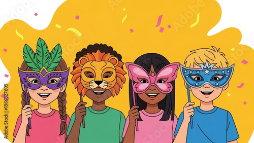 A colorful illustration of four children wearing different masquerade masks on sticks in front of a vibrant yellow background with confetti