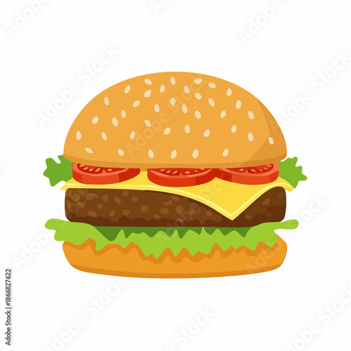 Classic American fast food hamburger with fresh lettuce, red tomatoes, and cheese on a sesame seed bun, a vibrant isolated illustration perfect for menus or design projects
