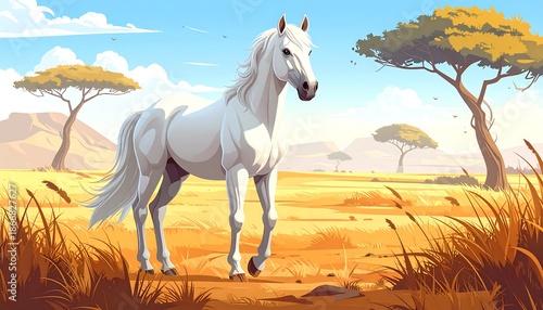 White Horse Standing Tall in African Savannah Landscape Illustration.