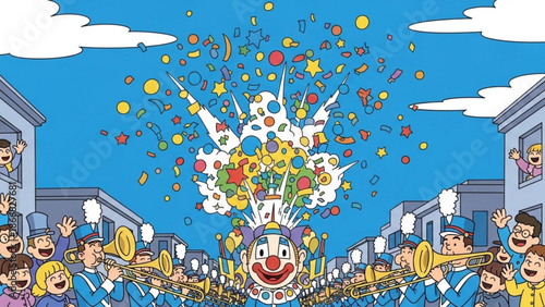 A colorful cartoon illustration of a clown surrounded by a marching band and confetti in a vibrant celebration scene