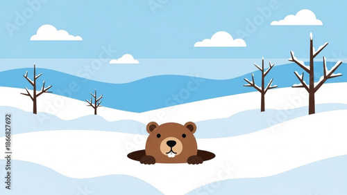 A cartoon bear peeking out from a snowy landscape with bare trees and hills