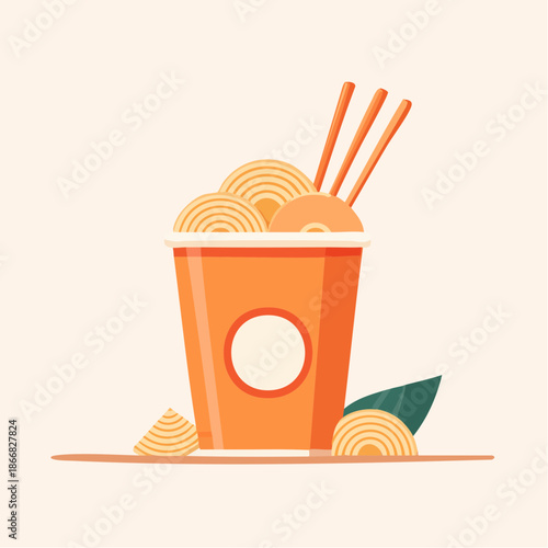 Vibrant instant noodles in a convenient cup with chopsticks, illustrating a quick and delicious meal solution for busy individuals. Perfect for an easy and satisfying lunch or dinner