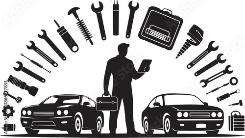 Car repair vector illustration. Mechanic glyph pictograms with wrench, vehicle service, garage tools for logo or app design